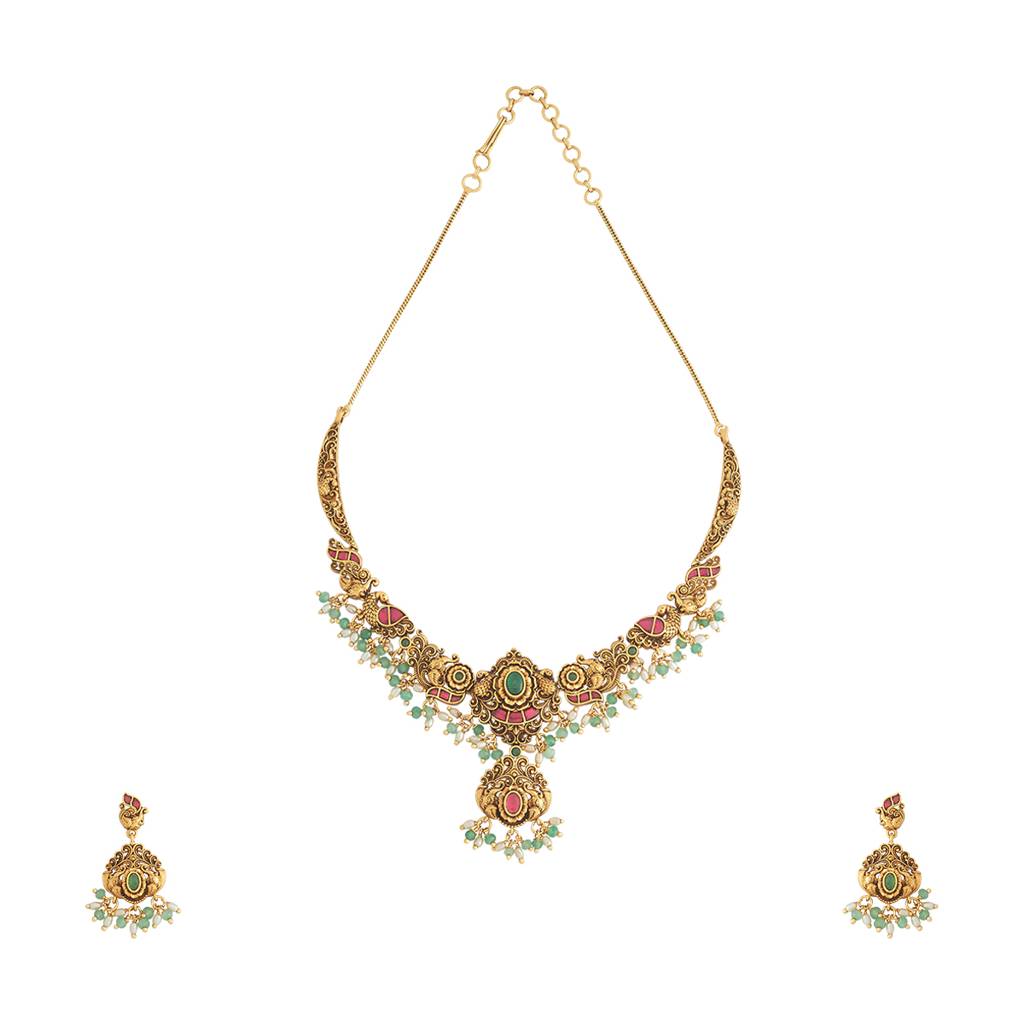 Kushal'S Fashion Jewellery Ruby-Green Gold-Plated Ethnic Antique Jewellery Set - 426645 : 426645