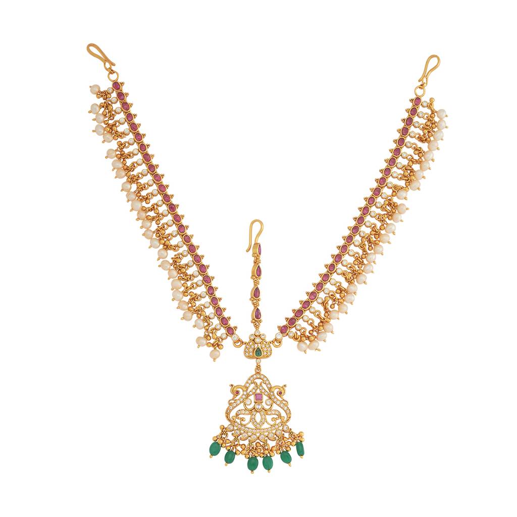 Kushal'S Fashion Jewellery Ruby-Green Gold-Plated Ethnic Temple Tikka - 426686 : 426686