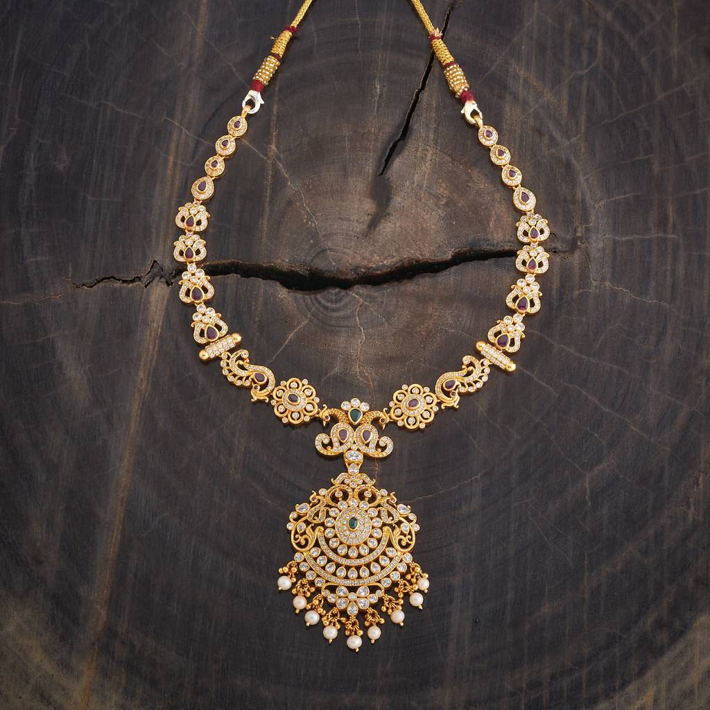 Kushal'S Fashion Jewellery Ruby-Green Gold-Plated Ethnic 92.5 Pure Silver Temple Necklace - 426625 : 426625
