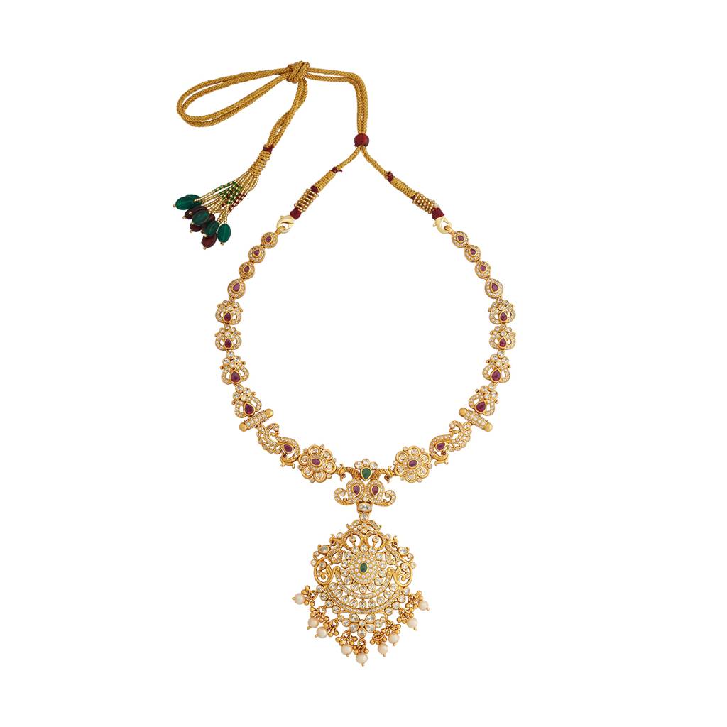 Kushal'S Fashion Jewellery Ruby-Green Gold-Plated Ethnic 92.5 Pure Silver Temple Necklace - 426625 : 426625