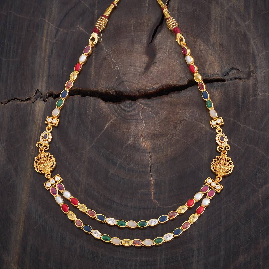 Kushal'S Fashion Jewellery Navaratna Gold-Plated Ethnic 92.5 Pure Silver Temple Necklace - 426633 : 426633