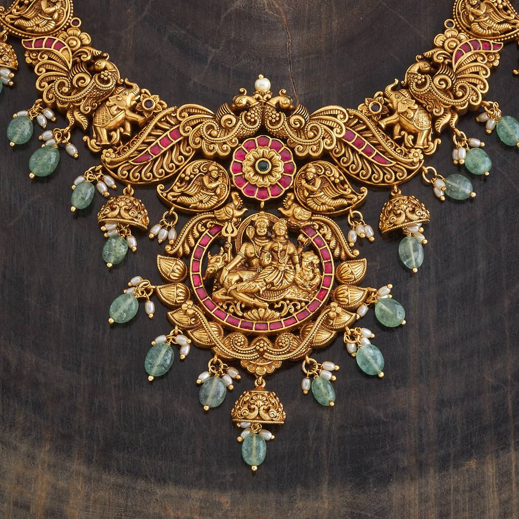Kushal'S Fashion Jewellery Ruby-Green Gold-Plated Ethnic Antique Jewellery Set - 426652 : 426652