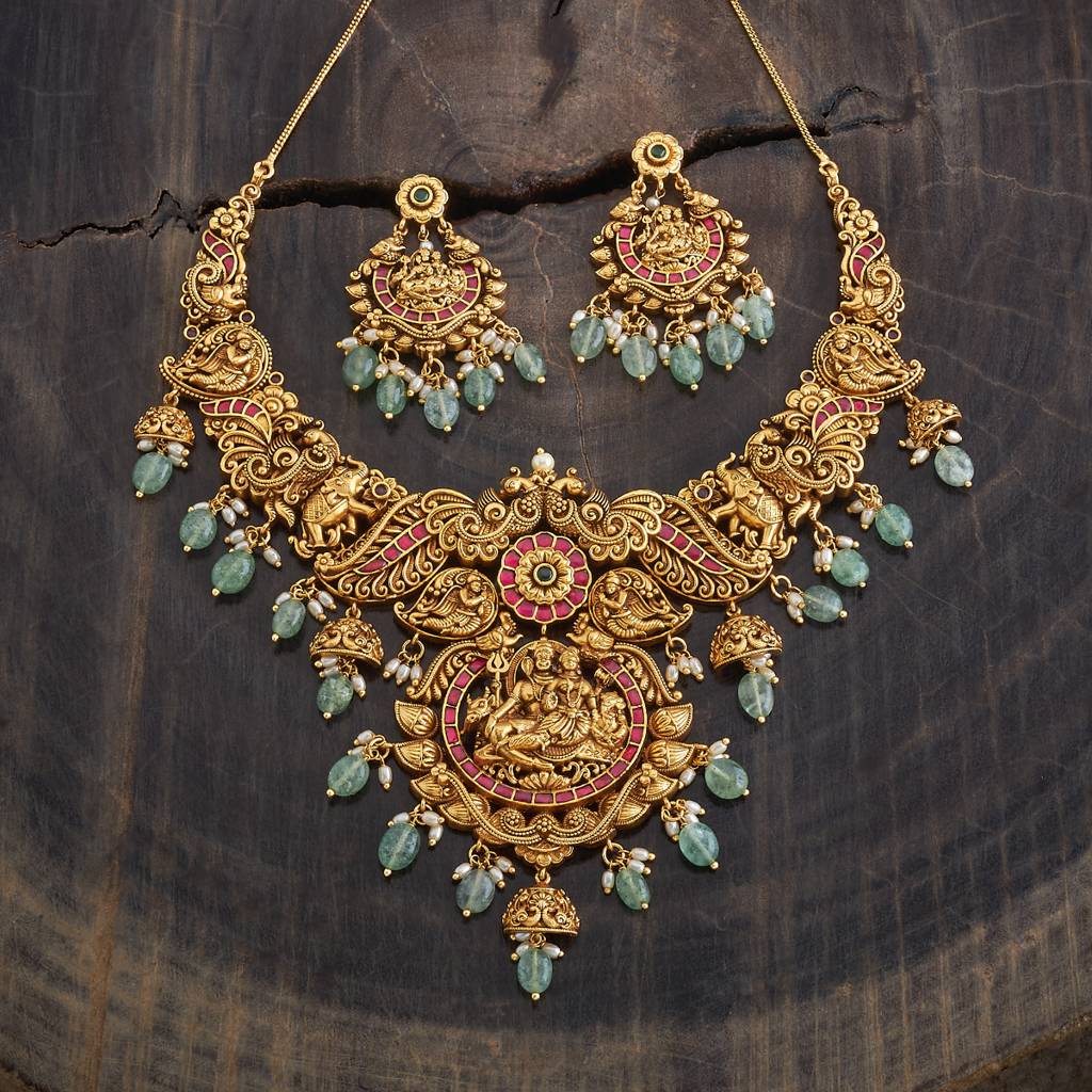 Kushal'S Fashion Jewellery Ruby-Green Gold-Plated Ethnic Antique Jewellery Set - 426652 : 426652