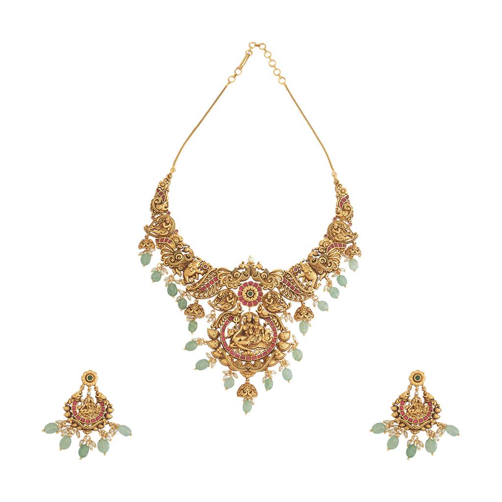 Kushal'S Fashion Jewellery Ruby-Green Gold-Plated Ethnic Antique Jewellery Set - 426652 : 426652