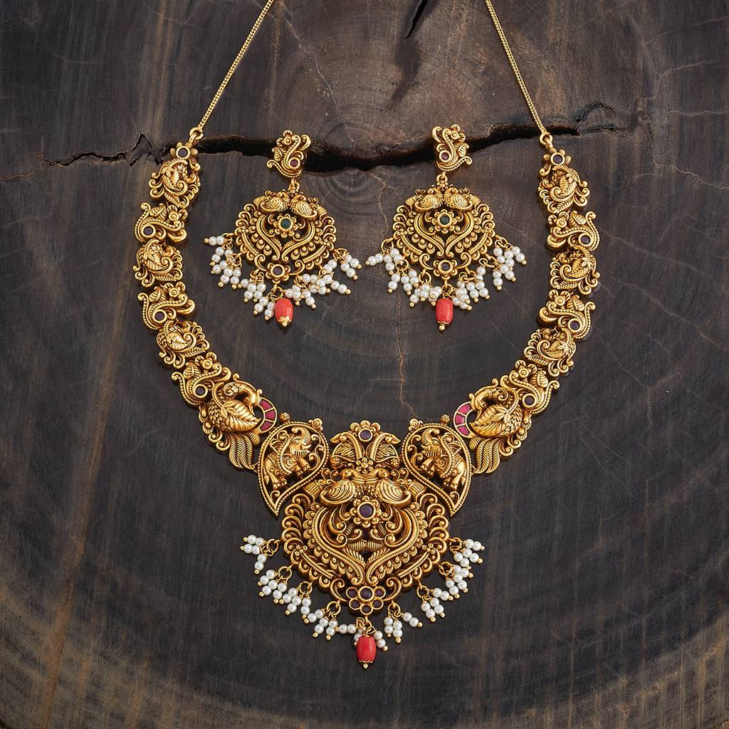 Kushal'S Fashion Jewellery Ruby-Green Gold-Plated Ethnic Antique Jewellery Set - 426653 : 426653