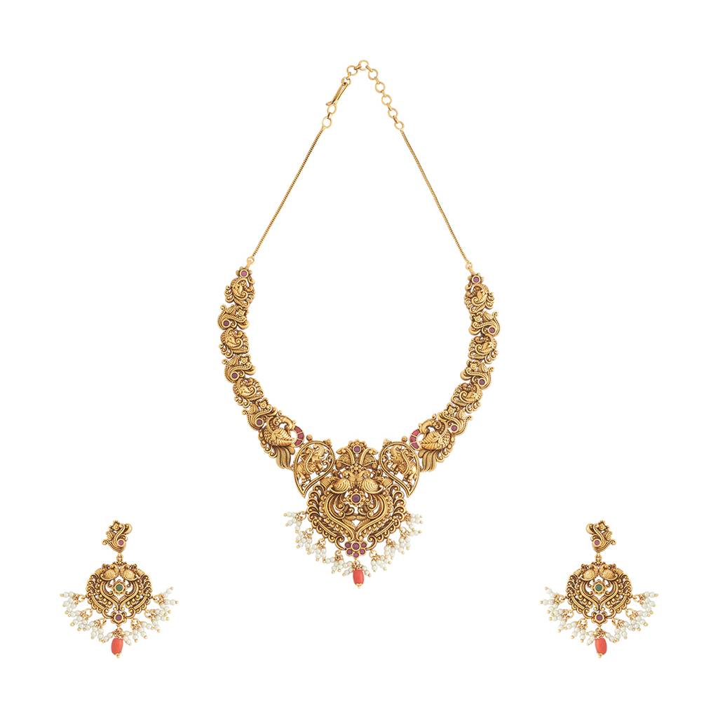 Kushal'S Fashion Jewellery Ruby-Green Gold-Plated Ethnic Antique Jewellery Set - 426653 : 426653