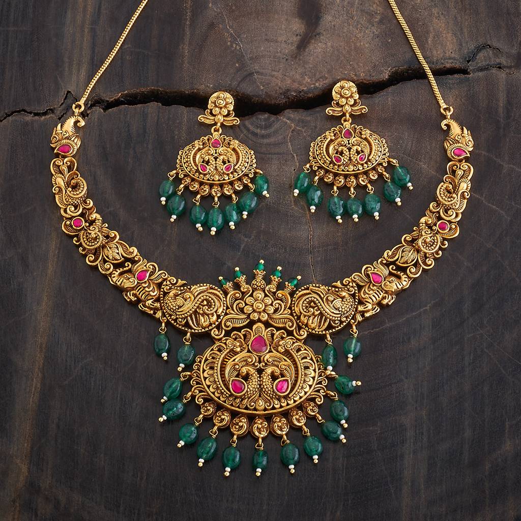 Kushal'S Fashion Jewellery Ruby-Green Gold-Plated Ethnic Antique Jewellery Set - 426655 : 426655