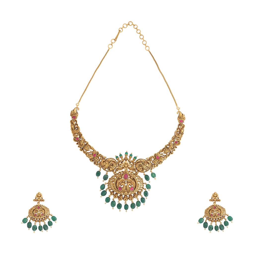 Kushal'S Fashion Jewellery Ruby-Green Gold-Plated Ethnic Antique Jewellery Set - 426655 : 426655