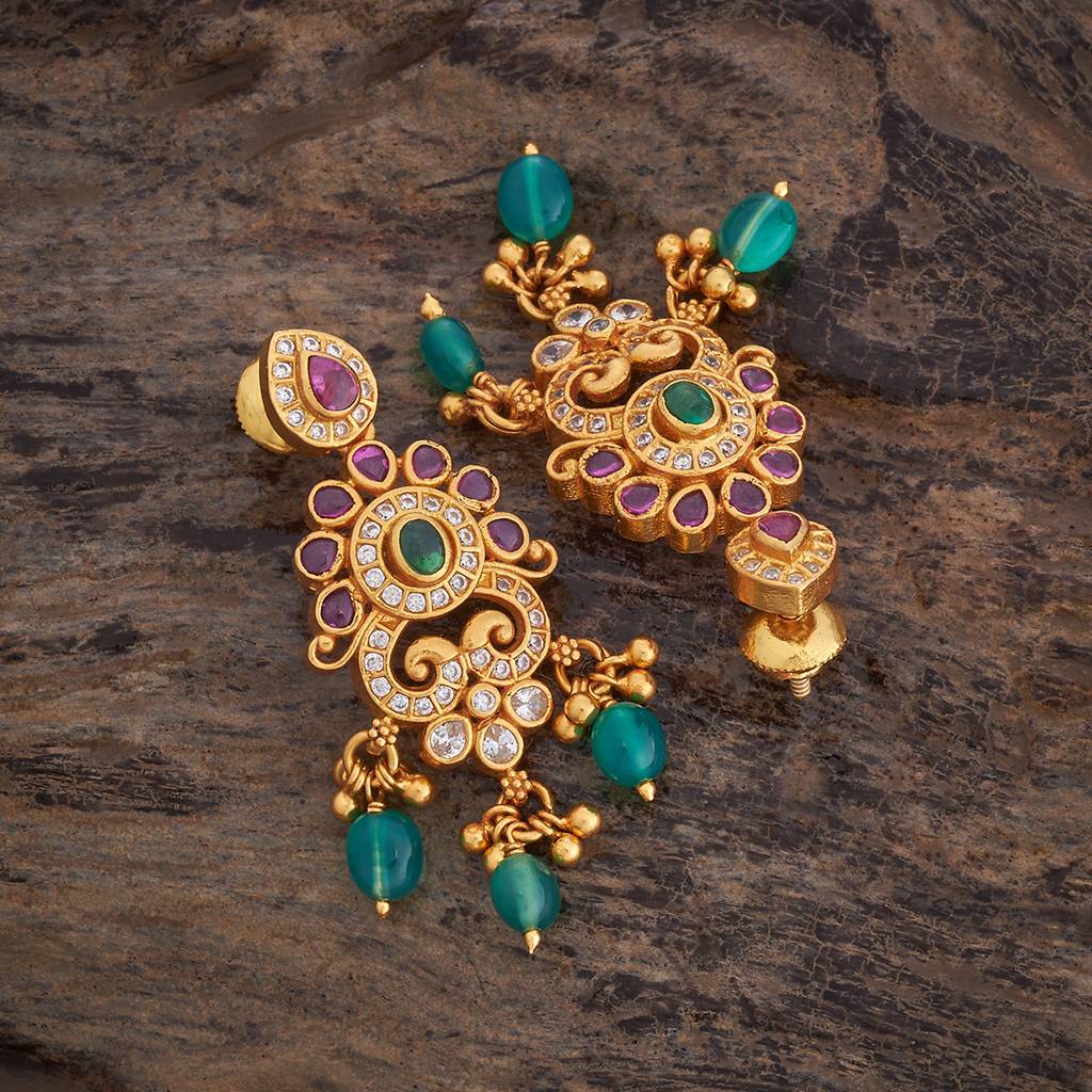 Kushal'S Fashion Jewellery Ruby-Green Gold-Plated Ethnic 92.5 Pure Silver Temple Drop Earrings - 426683 : 426683
