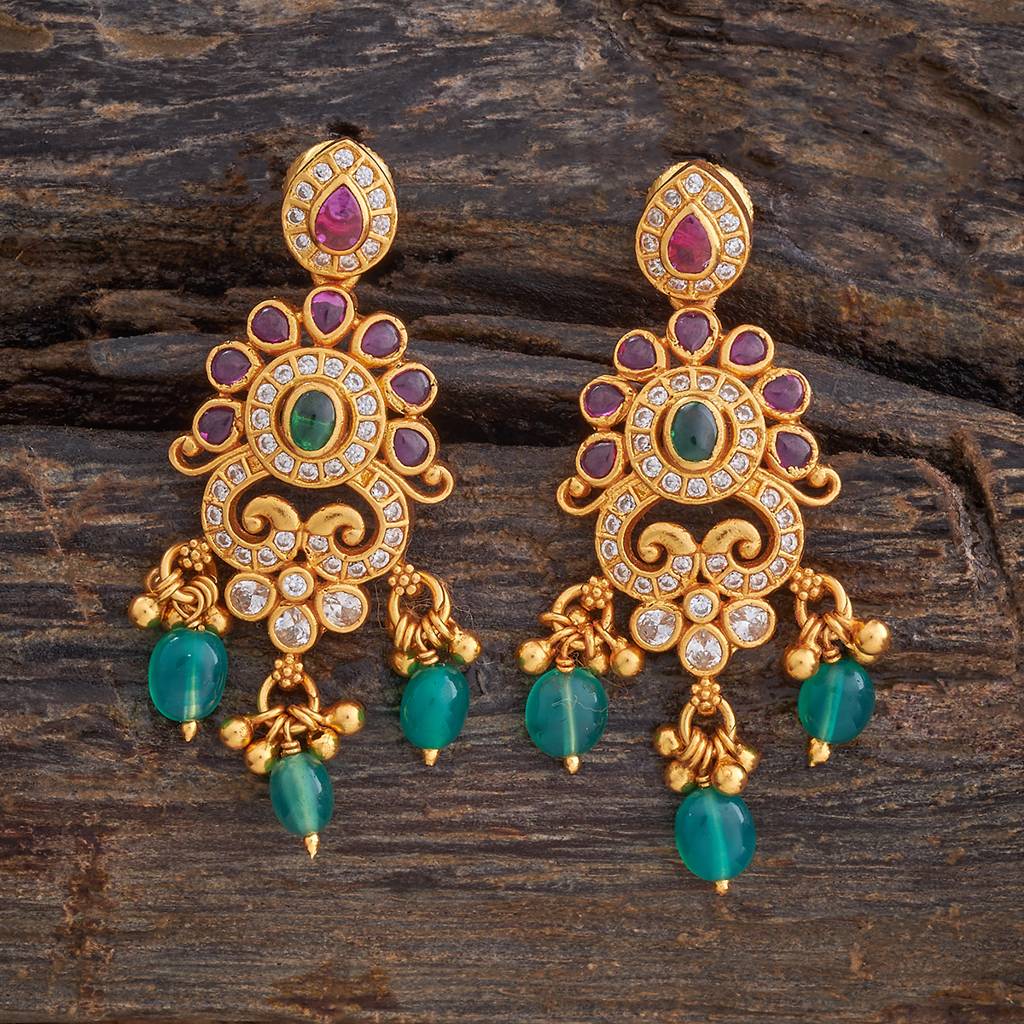 Kushal'S Fashion Jewellery Ruby-Green Gold-Plated Ethnic 92.5 Pure Silver Temple Drop Earrings - 426683 : 426683