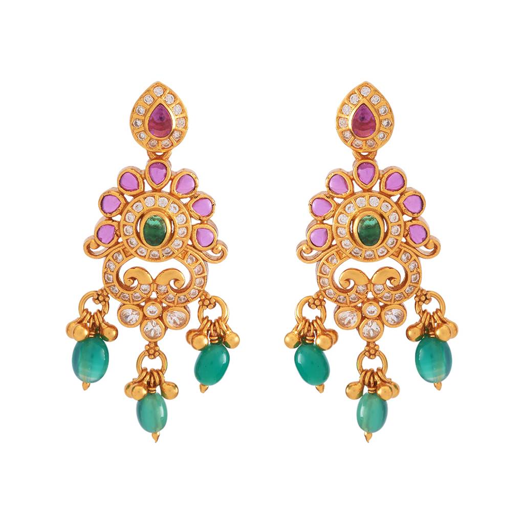 Kushal'S Fashion Jewellery Ruby-Green Gold-Plated Ethnic 92.5 Pure Silver Temple Drop Earrings - 426683 : 426683
