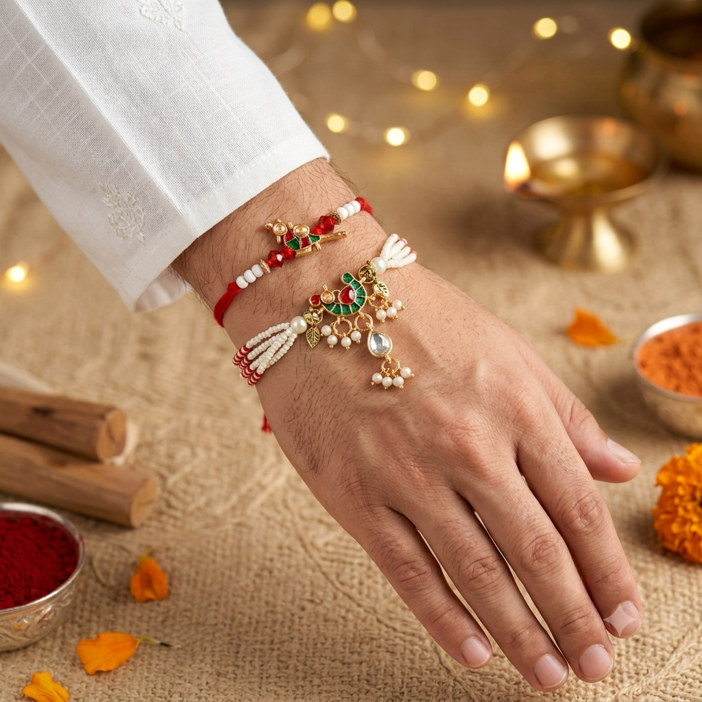 Royal Krishna Flute & Meenakari Peacock Pearl Bracelet Rakhi Combo – Set Of 2 : MJRAKHI08