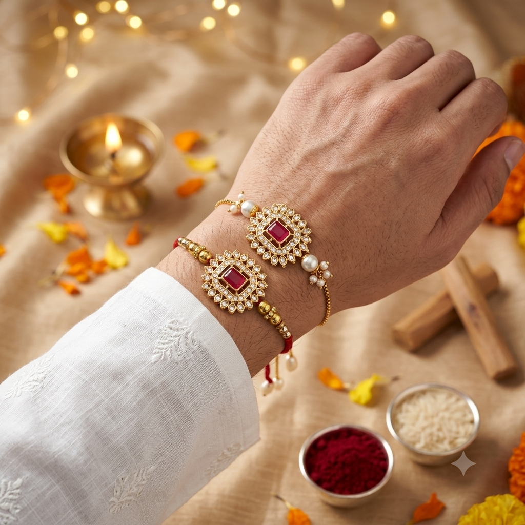 Imperial Ruby Sunburst Gold-Plated Rakhi Combo – Set Of 2 : MJRAKHI09