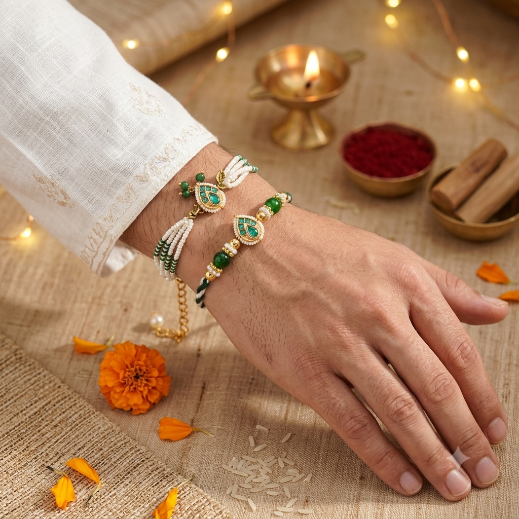 Royal Emerald Teardrop Gold-Plated Rakhi Combo – Set Of 2 : MJRAKHI05