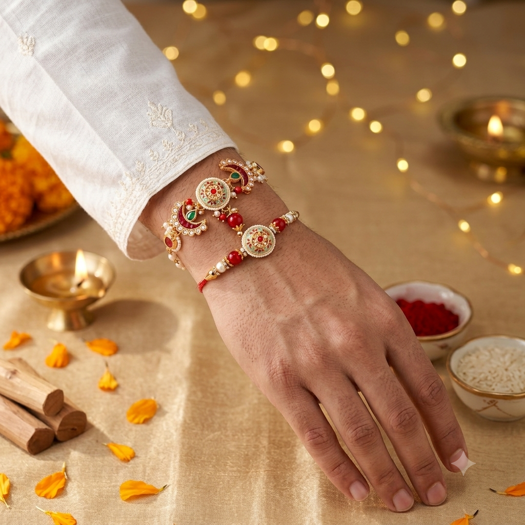 Premium Gold-Plated Turquoise & Ruby Medallion Rakhi Set (Pack Of 2) : MJRAKHI10