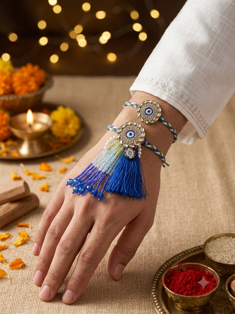 Premium Evil Eye Bhaiya-Bhabhi Rakhi Set With Silk Tassel Lumba (Pack Of 2) : MJRAKHI12