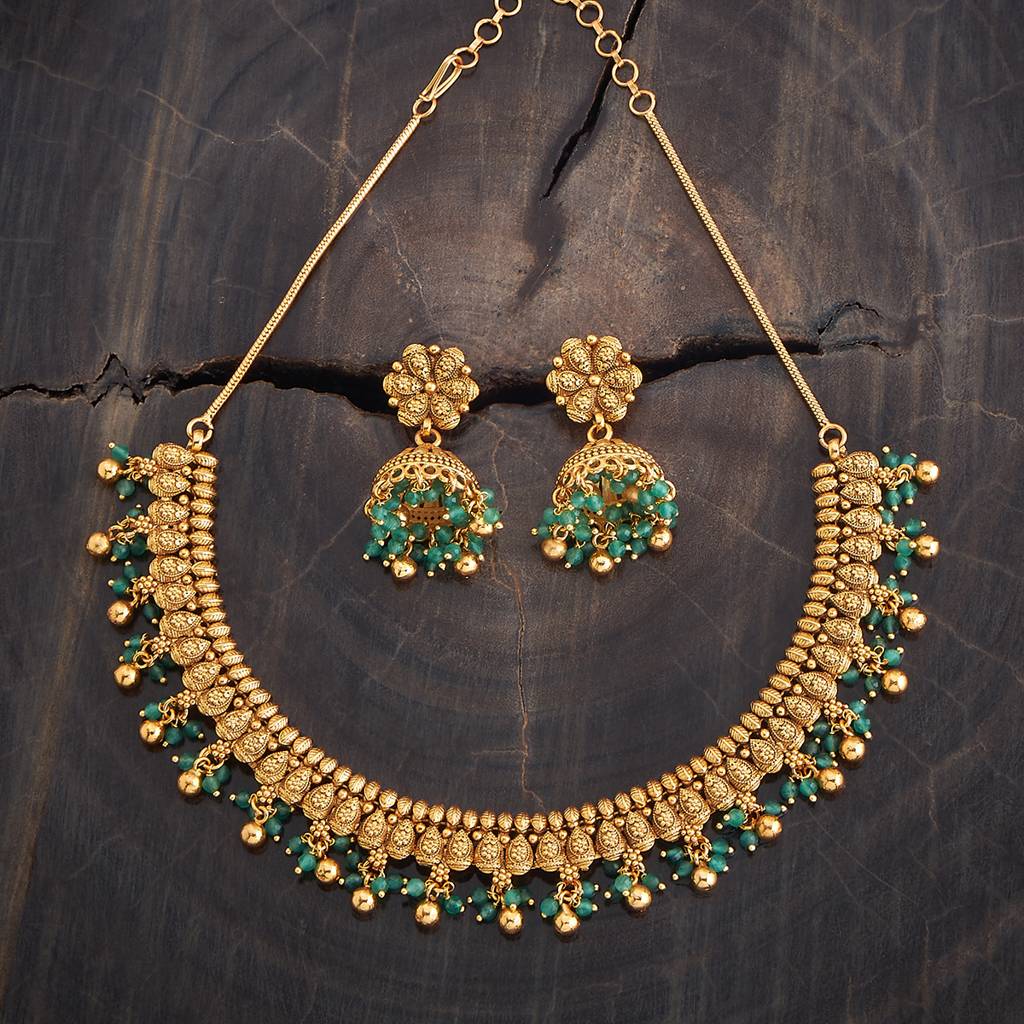 Kushal'S Fashion Jewellery Green Gold-Plated Ethnic Antique Jewellery Set : 427747