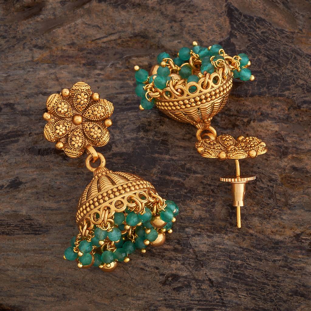 Kushal'S Fashion Jewellery Green Gold-Plated Ethnic Antique Jhumkas - 427748 : 427748