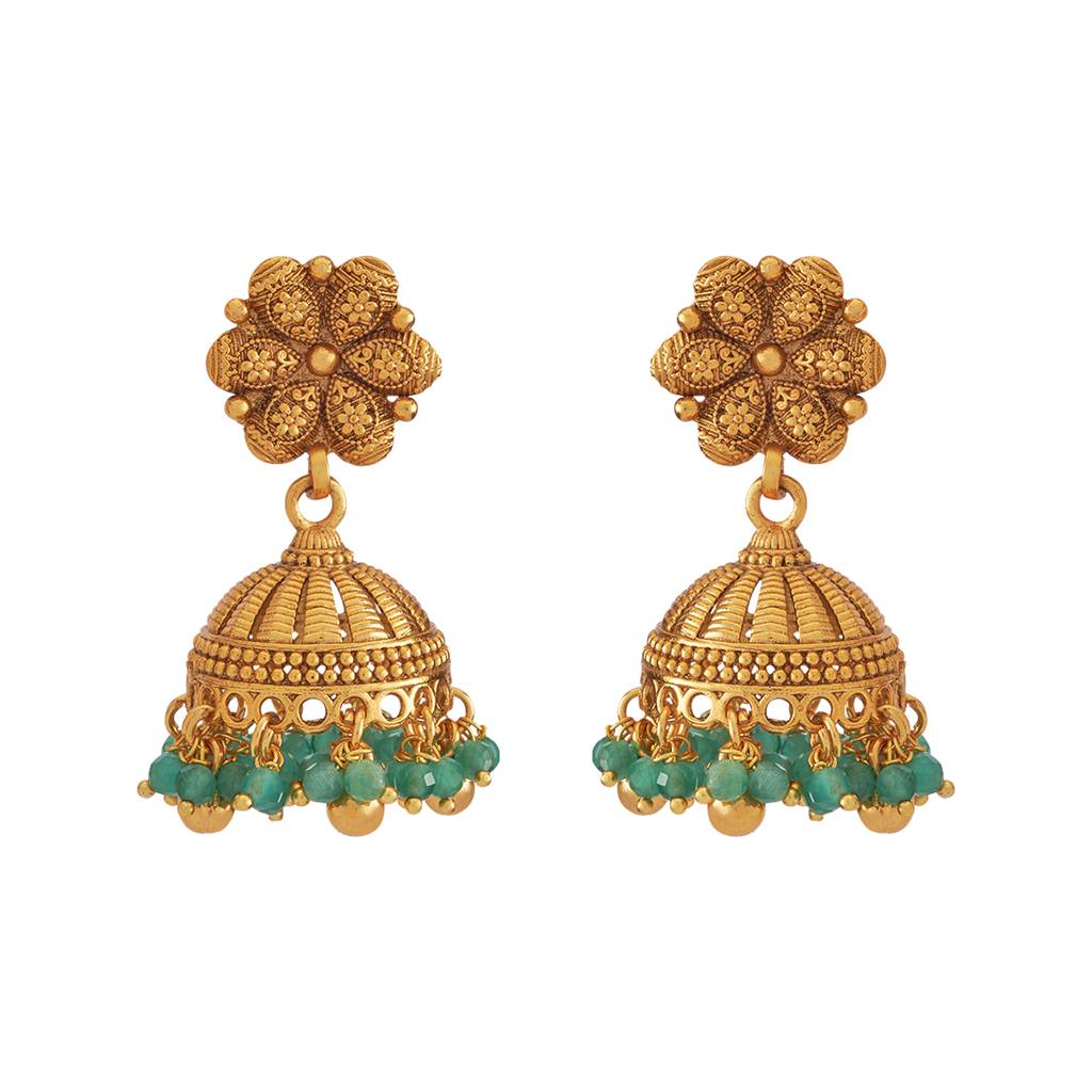 Kushal'S Fashion Jewellery Green Gold-Plated Ethnic Antique Jhumkas - 427748 : 427748