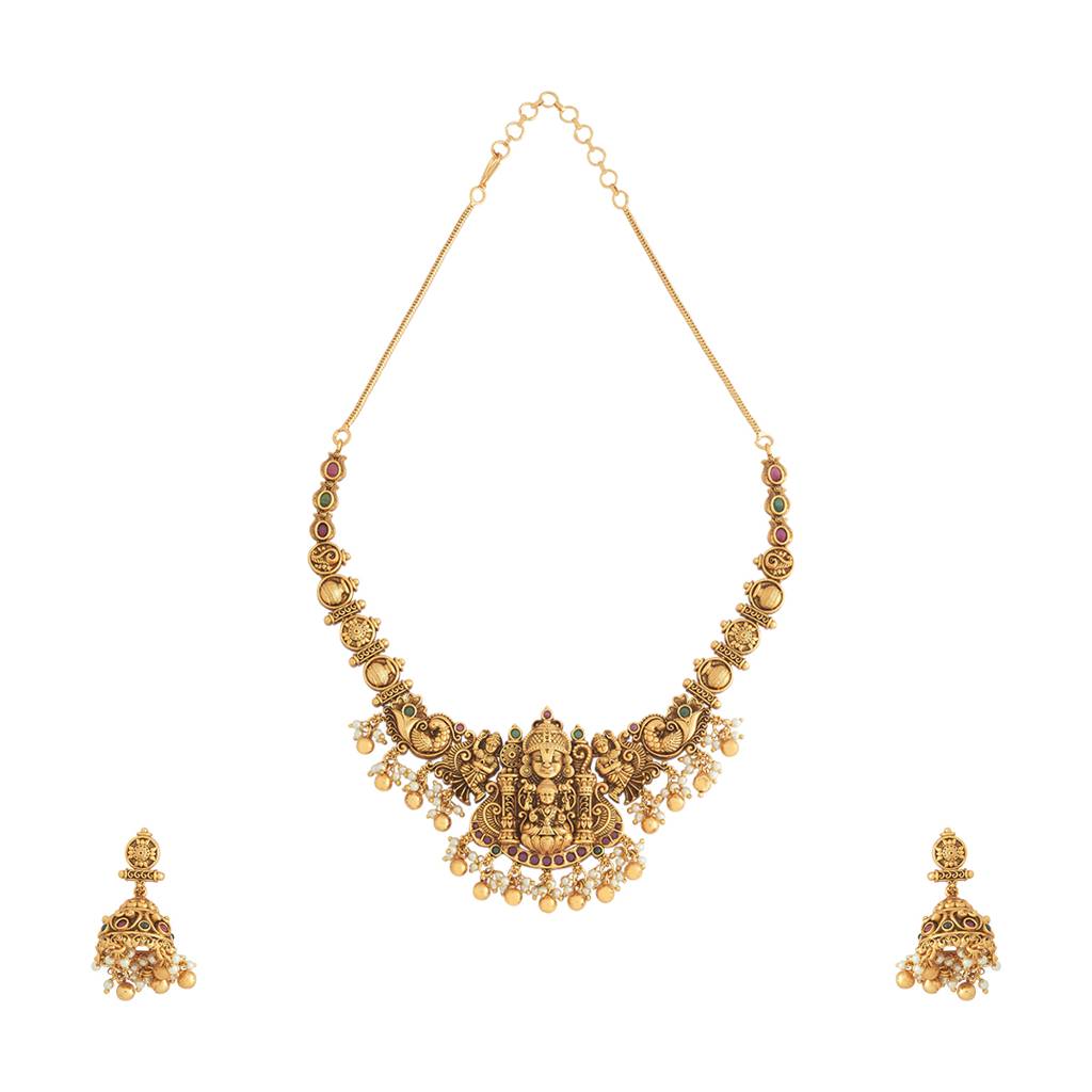 Kushal'S Fashion Jewellery Ruby-Green Gold-Plated Ethnic Antique Jewellery Set - 427752 : 427752