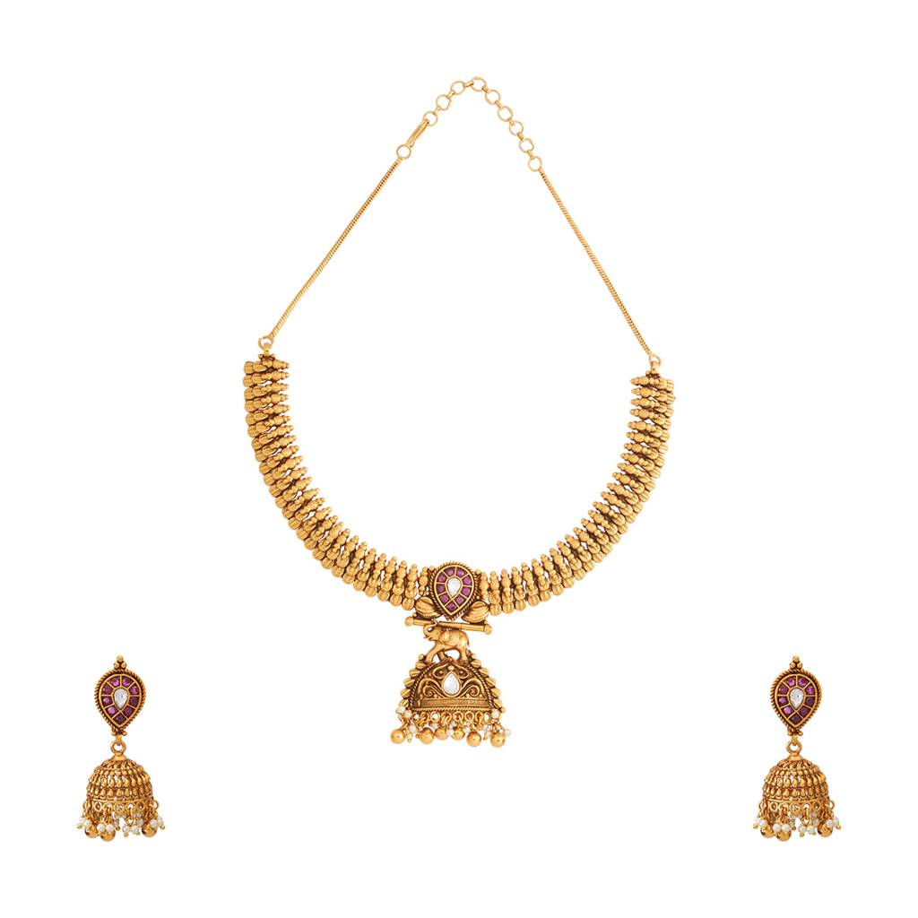 Kushal'S Fashion Jewellery Ruby Gold-Plated Ethnic Antique Jewellery Set - 427756 : 427756