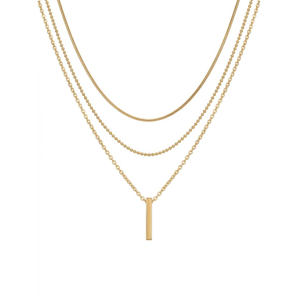 18K Gold Plated Triple Chain Bar Pendant Necklace : RJFSPN216