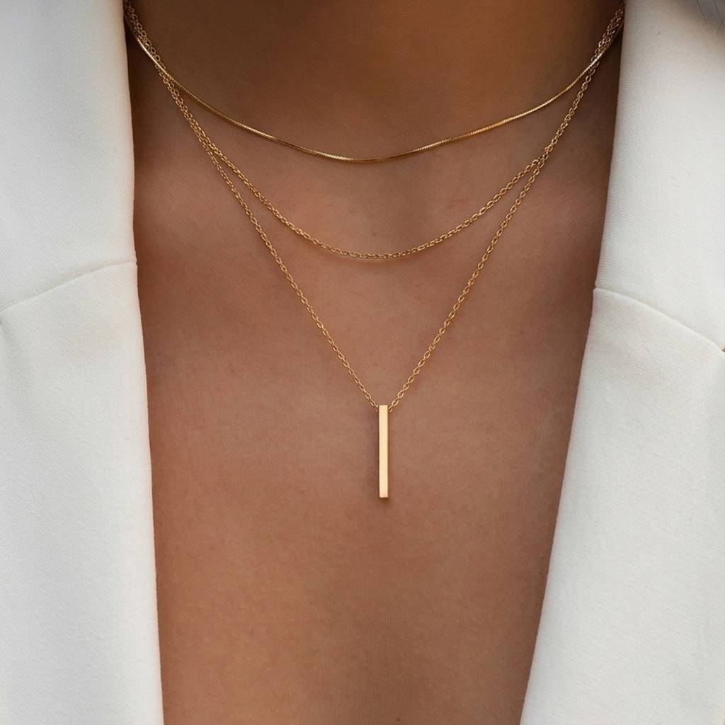 18K Gold Plated Triple Chain Bar Pendant Necklace : RJFSPN216