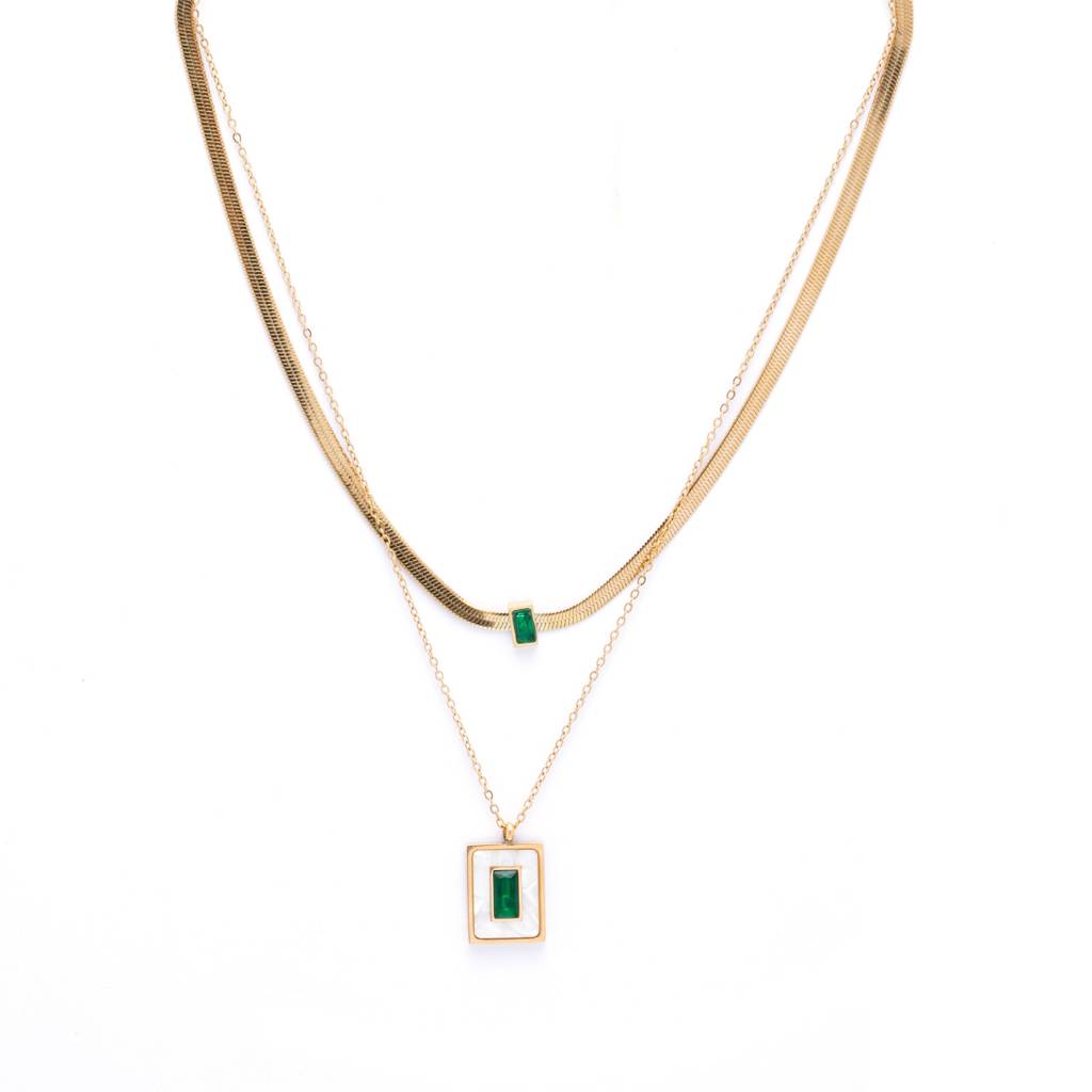 White Crystal 18K Gold Plated Multi-Layer Necklace With Earrings : Multi-Layer18KGoldPlatedNecklacewithGreenWhiteCrystals