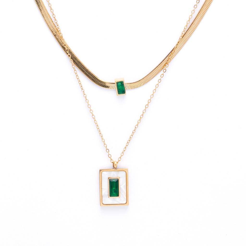 White Crystal 18K Gold Plated Multi-Layer Necklace With Earrings : Multi-Layer18KGoldPlatedNecklacewithGreenWhiteCrystals