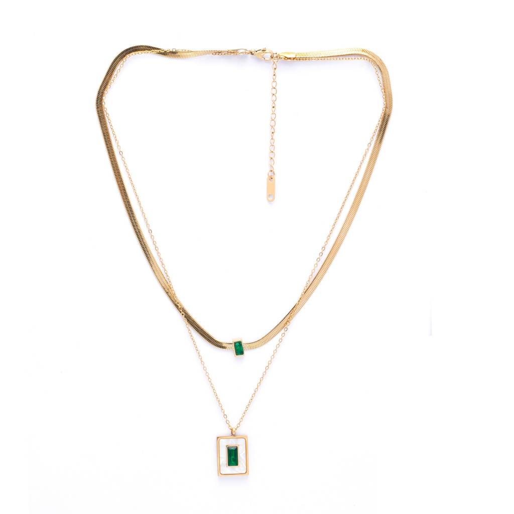 White Crystal 18K Gold Plated Multi-Layer Necklace With Earrings : Multi-Layer18KGoldPlatedNecklacewithGreenWhiteCrystals