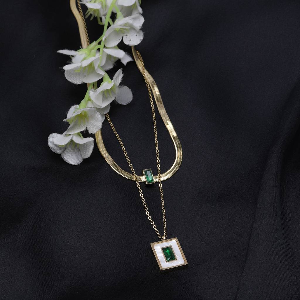 White Crystal 18K Gold Plated Multi-Layer Necklace With Earrings : Multi-Layer18KGoldPlatedNecklacewithGreenWhiteCrystals