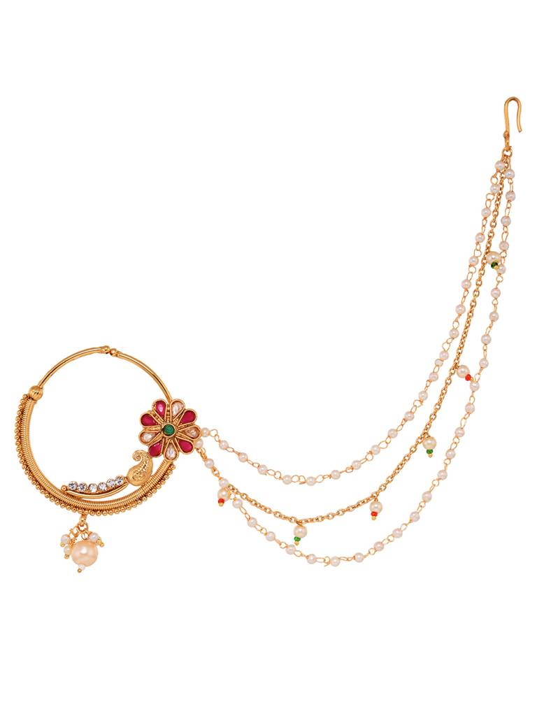 Gold Plated Red & White Pearl Beaded &Studded  Bridal  Nose Ring : SJNT1790