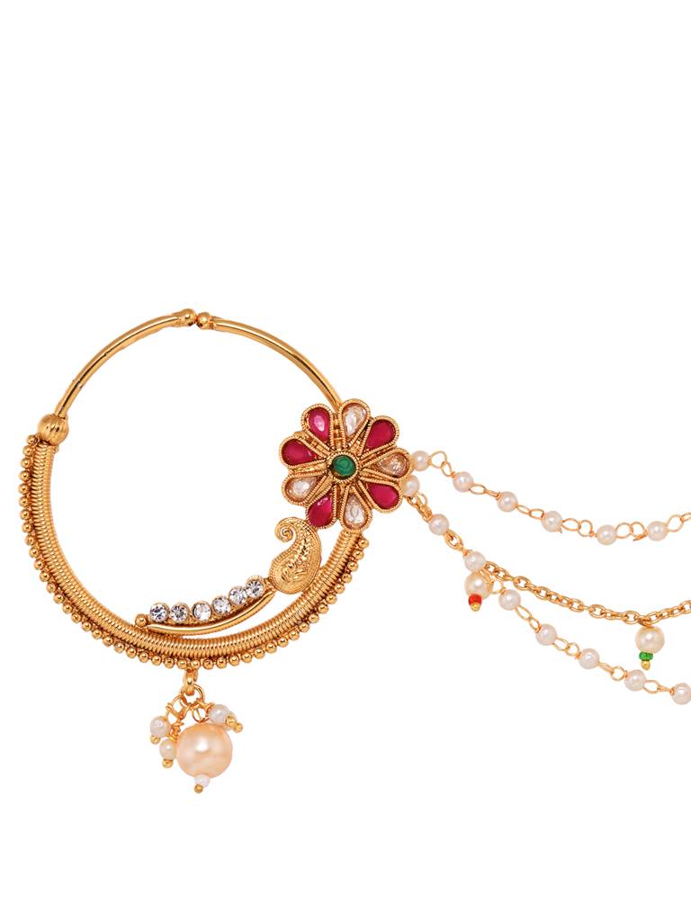 Gold Plated Red & White Pearl Beaded &Studded  Bridal  Nose Ring : SJNT1790