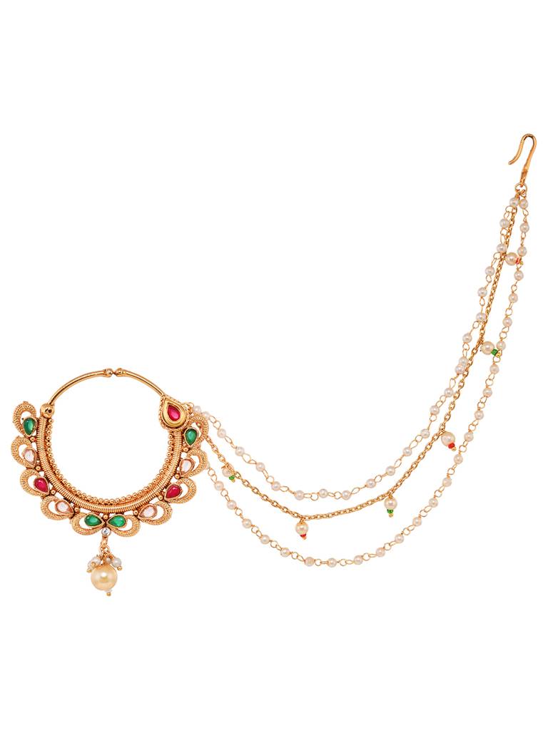 Gold Toned Pearl Beaded & Kundan Studded Jodha Nose Ring With Chain : SJNT1792