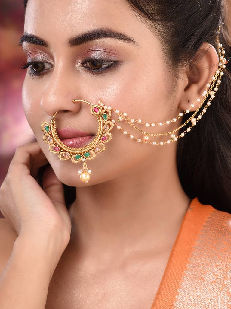 Gold Toned Pearl Beaded & Kundan Studded Jodha Nose Ring With Chain : SJNT1792