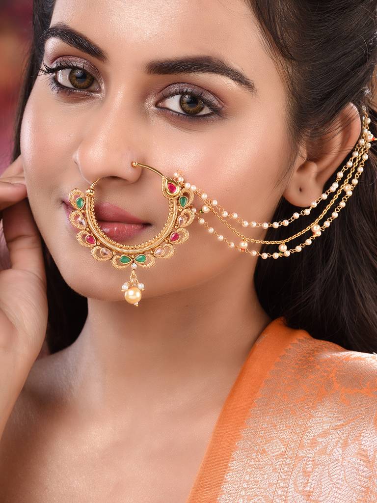 Gold Toned Pearl Beaded & Kundan Studded Jodha Nose Ring With Chain : SJNT1792