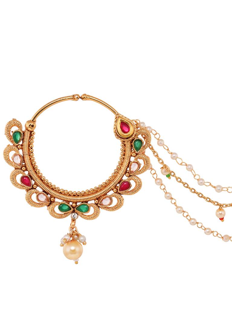Gold Toned Pearl Beaded & Kundan Studded Jodha Nose Ring With Chain : SJNT1792
