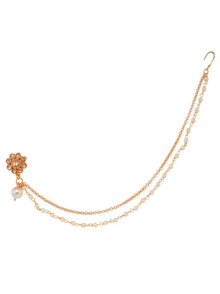 Gold Plated White Stone Studded & Pearl  Nose Ring Nath : SJNT1793