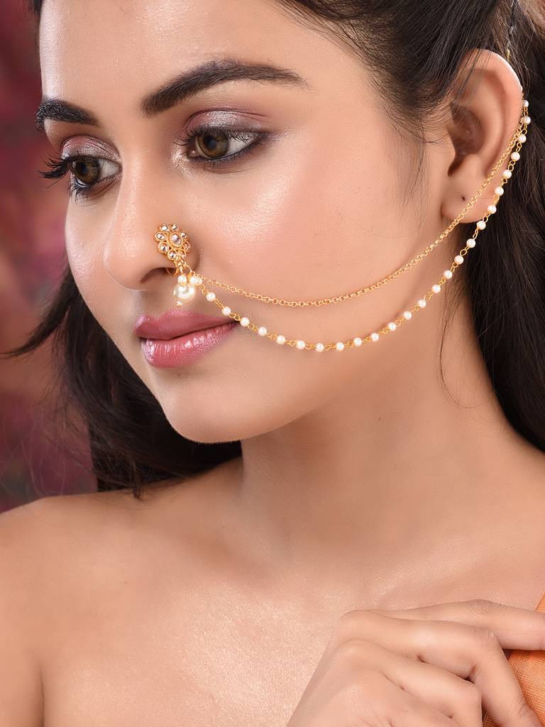 Gold Plated White Stone Studded & Pearl  Nose Ring Nath : SJNT1793