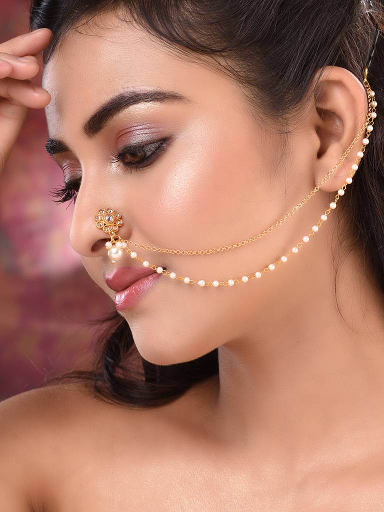 Gold Plated White Stone Studded & Pearl  Nose Ring Nath : SJNT1793