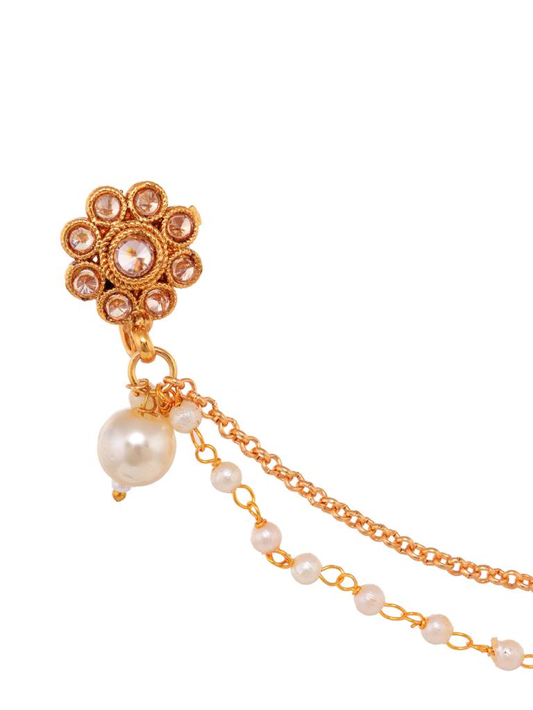 Gold Plated White Stone Studded & Pearl  Nose Ring Nath : SJNT1793