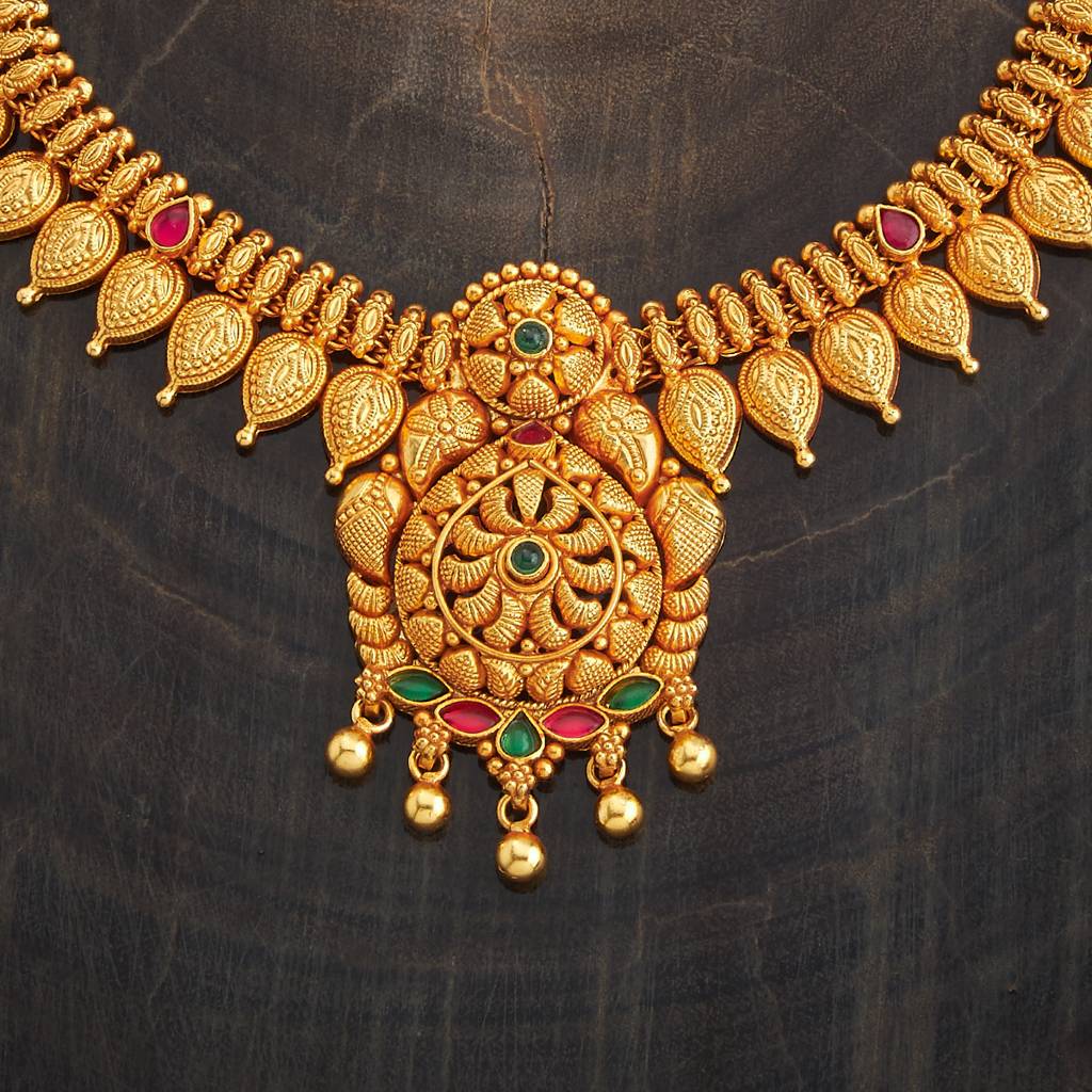 Kushal'S Fashion Jewellery Ruby-Green Gold-Plated Ethnic 92.5 Pure Silver Temple Necklace - 429621 : 429621