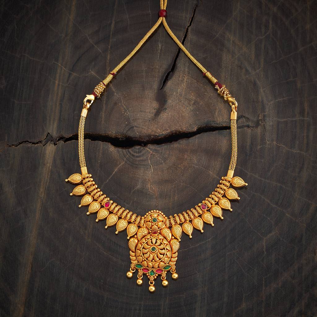 Kushal'S Fashion Jewellery Ruby-Green Gold-Plated Ethnic 92.5 Pure Silver Temple Necklace - 429621 : 429621