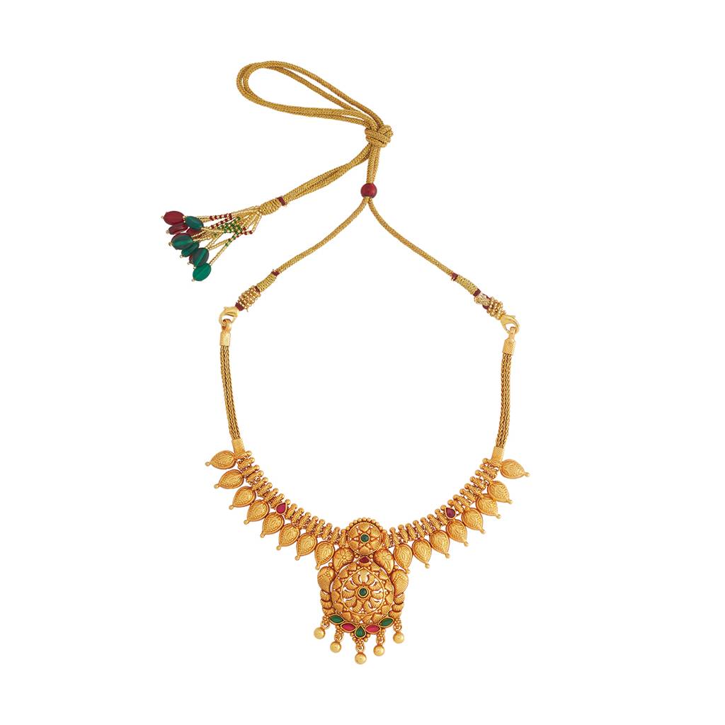 Kushal'S Fashion Jewellery Ruby-Green Gold-Plated Ethnic 92.5 Pure Silver Temple Necklace - 429621 : 429621