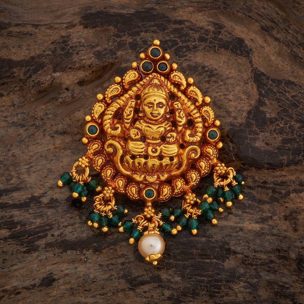 Kushal'S Fashion Jewellery Green Gold-Plated Ethnic 92.5 Pure Silver Temple Pendant - 429614 : 429614