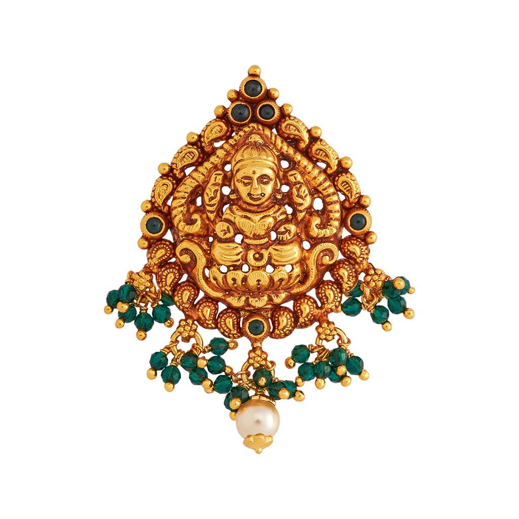 Kushal'S Fashion Jewellery Green Gold-Plated Ethnic 92.5 Pure Silver Temple Pendant - 429614 : 429614