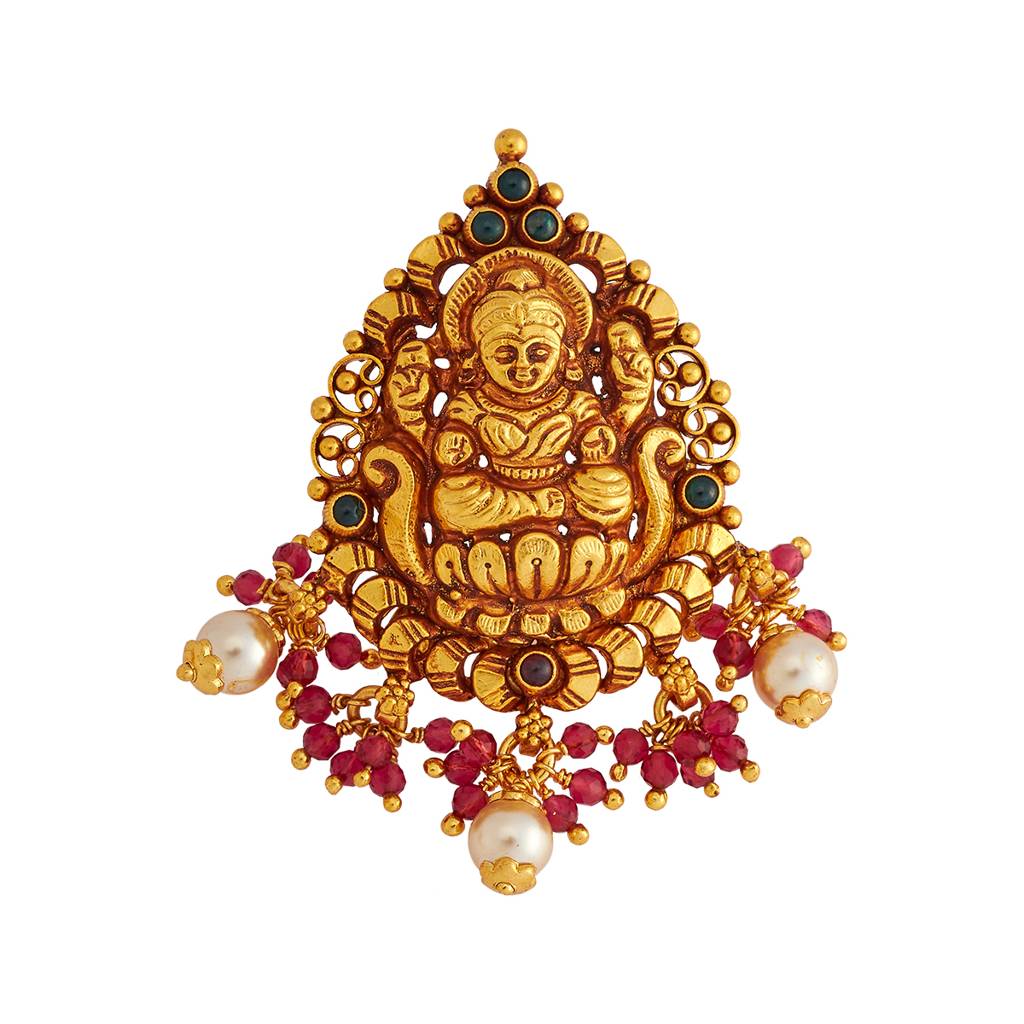 Kushal'S Fashion Jewellery Ruby-Green Gold-Plated Ethnic 92.5 Pure Silver Temple Pendant - 436186 : 436186