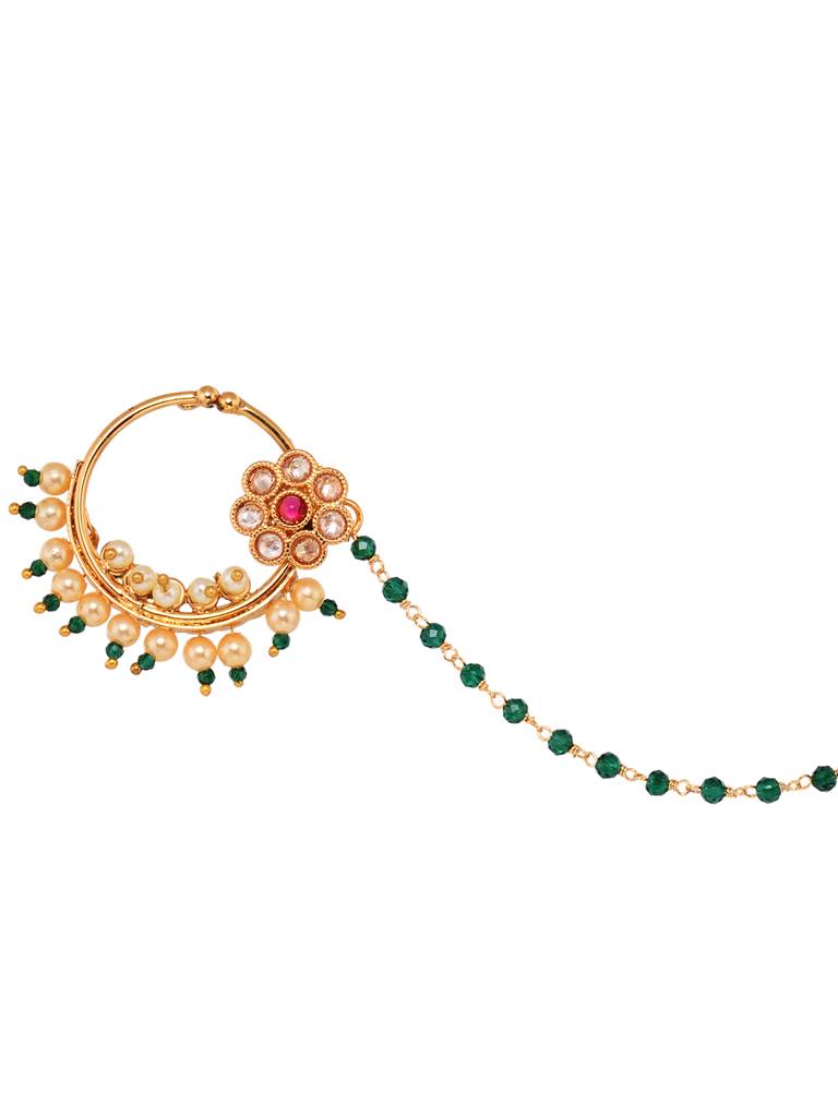 Gold Plated  Studded & Beaded Floral Nose Ring With Chain : SJNT1796
