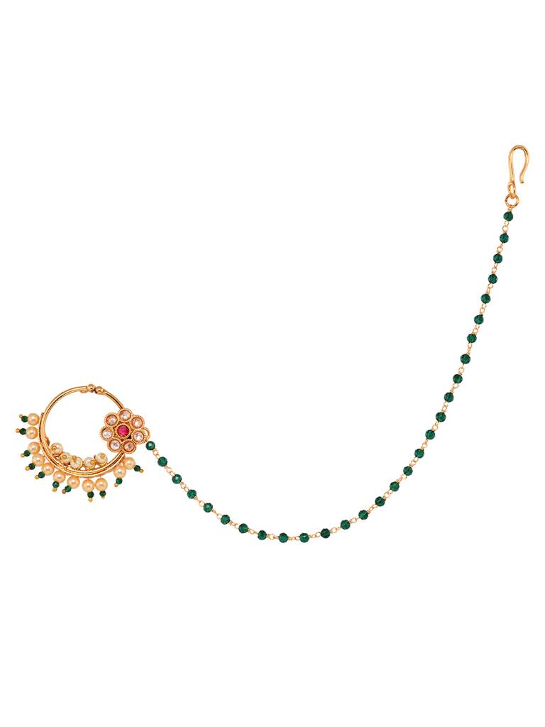 Gold Plated  Studded & Beaded Floral Nose Ring With Chain : SJNT1796