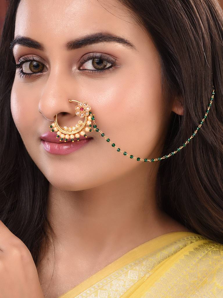 Gold Plated  Studded & Beaded Floral Nose Ring With Chain : SJNT1796